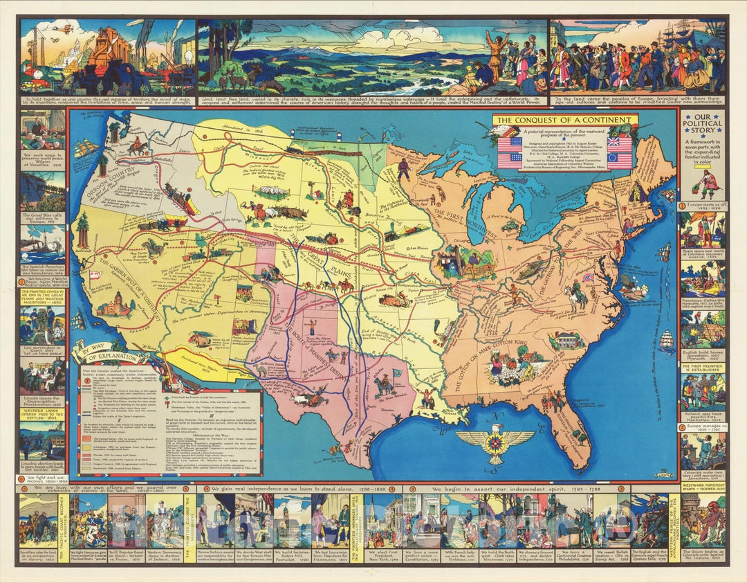 Historic Map : The Conquest of A Continent A pictorial representation of the westerward progress of the pioneer., 1933, August Kaiser, Vintage Wall Art