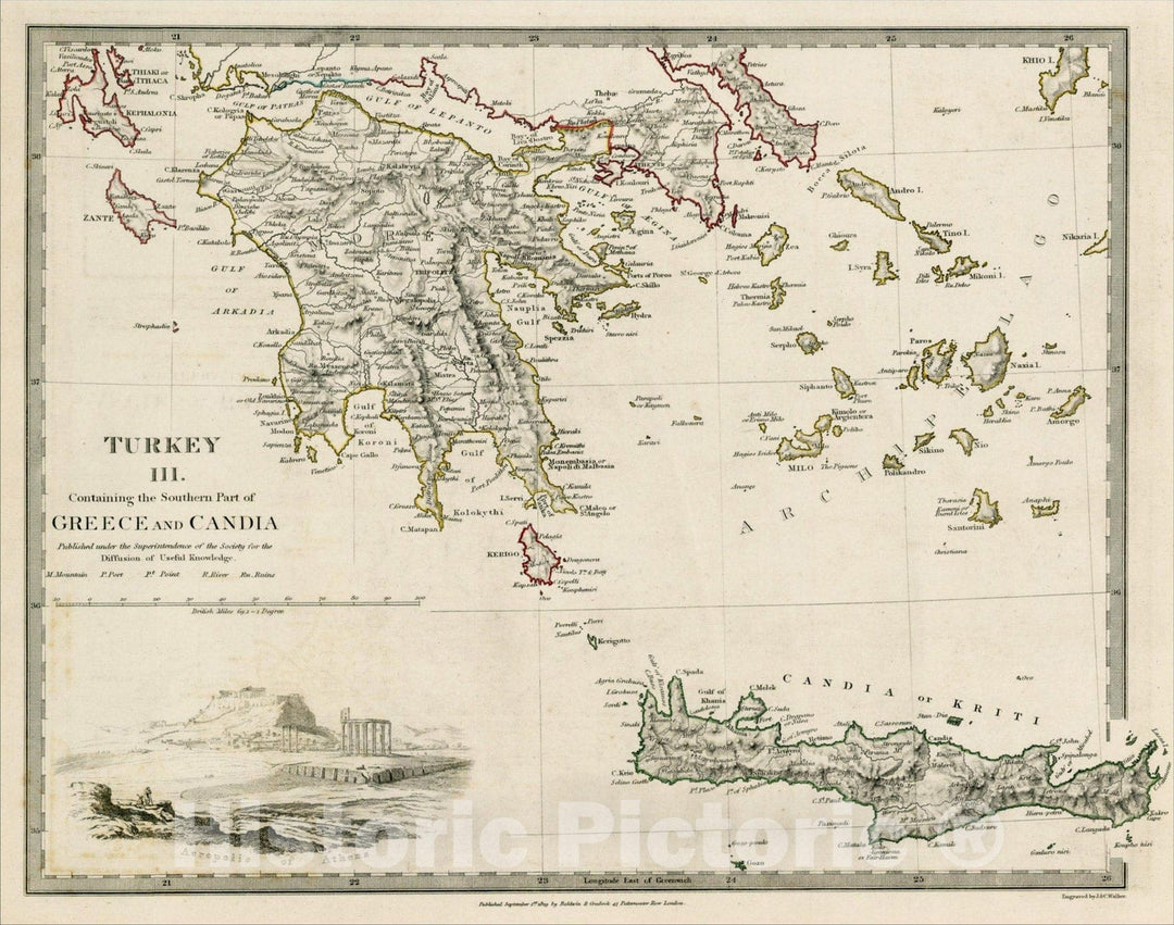 Historic Map : Turkey III. Containing the Southern Part of Greece and Candia, 1829, SDUK, Vintage Wall Art