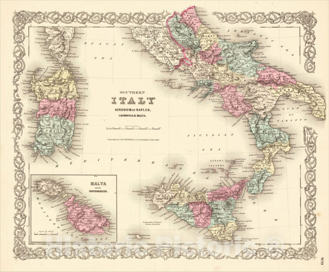 Historic Map : Southern Italy Kingdom of Naples, I Sardinia and Malta, 1860, Joseph Hutchins Colton, Vintage Wall Art