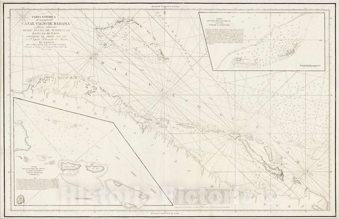 Historic Map : Carta Esferica de una parte del Canal Viejo de Baham, c1799, Direccion Hidrografica de Madrid, Vintage Wall Art