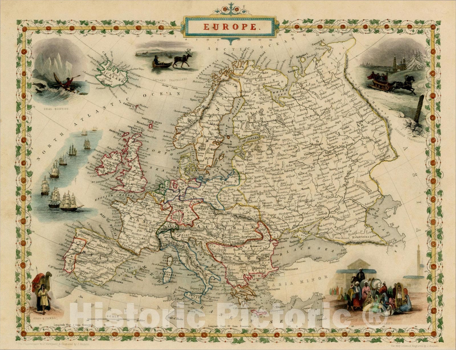 Historic Map : Europe, 1851, John Tallis, v1, Vintage Wall Art