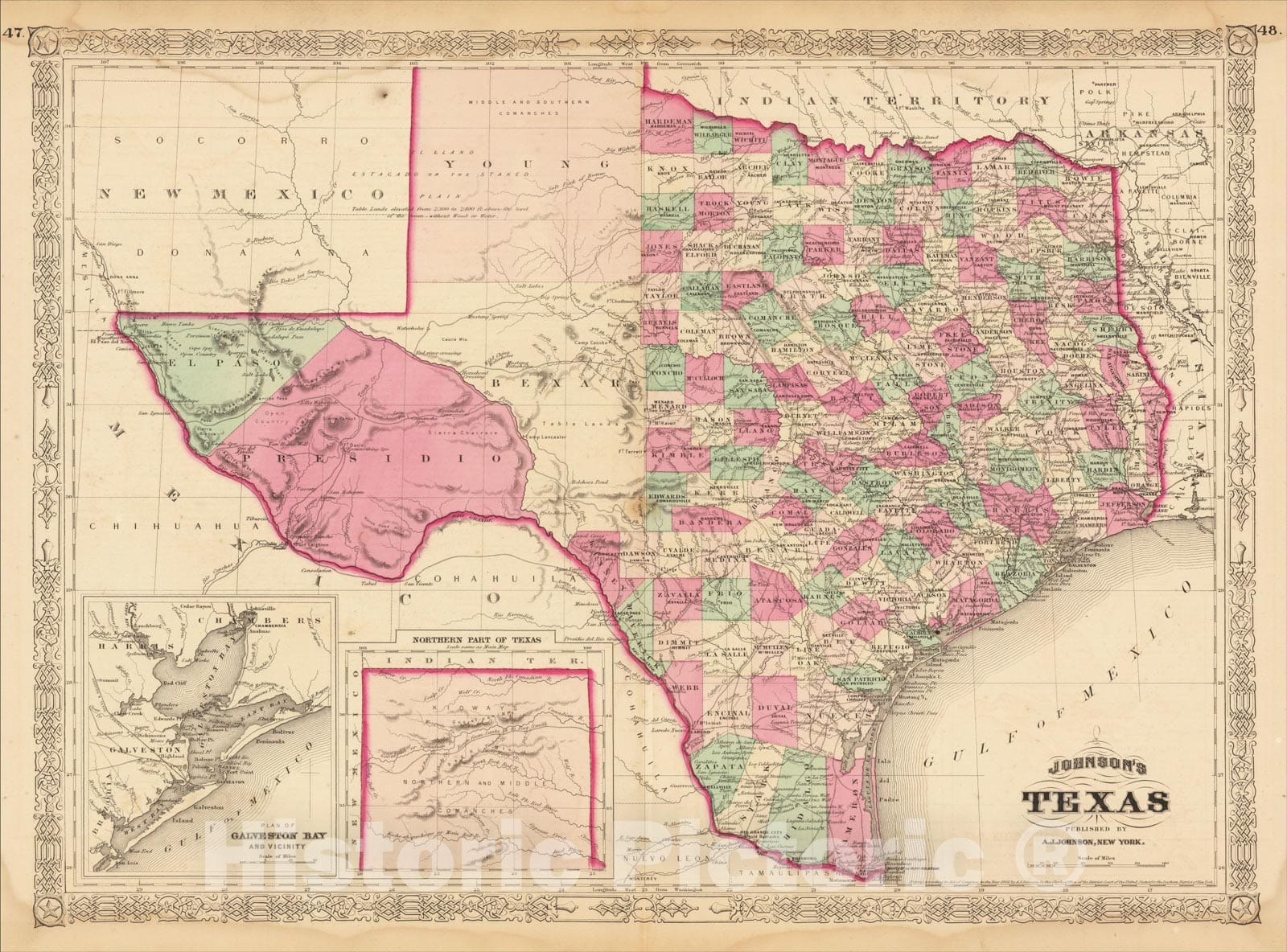 Historic Map : Johnson's Texas, 1866, Alvin Jewett Johnson, Vintage Wall Art