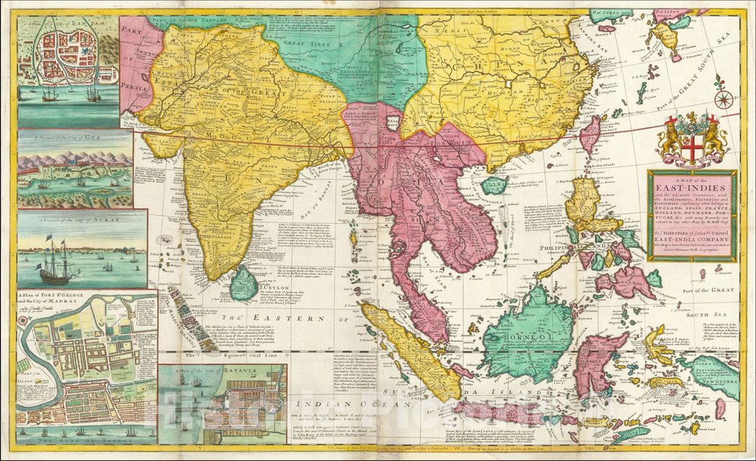 Historic Map : East-Indies explaining what Belongs to England, Spain, France, Holland, Denmark, Portugal, c1720, Vintage Wall Art