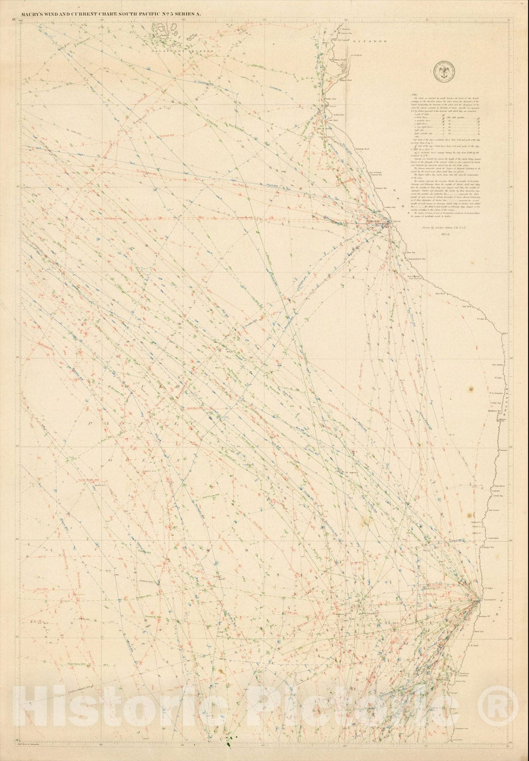 Historic Map : Maury's Wind and Current Chart. South Pacific No. 5 Series A. (Galapagos Islands, West Coast of South America), 1852, Matthew Fontaine Maury, Vintage Wall Art