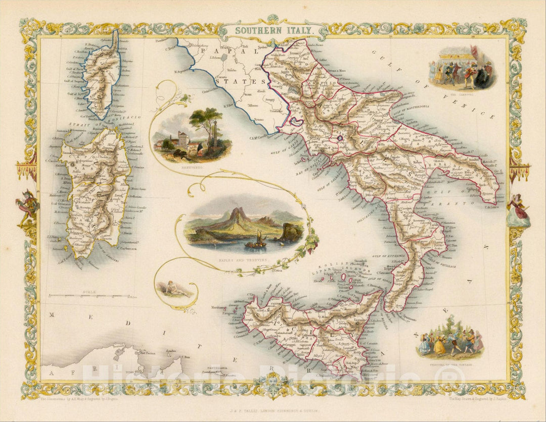 Historic Map : Southern Italy [Sicily, Sardinia, Corsica], 1851, John Tallis, v2, Vintage Wall Art