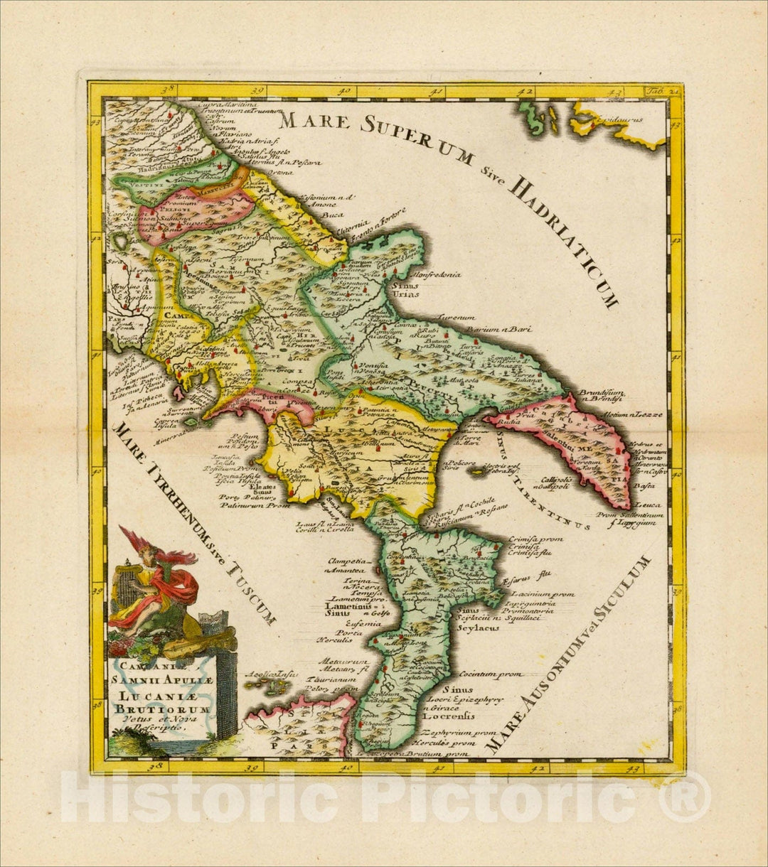 Historic Map : Campanie, Samni Apuliae Lucaniae Brutiorum Vetus et Nova Descriptio [Central & Southern Italy, w, 1695, Philipp Cl?ver, Vintage Wall Art