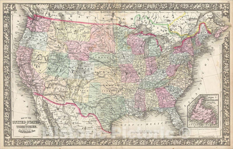 Historic Map : Map of the United States And Territories, Together with Canada &c. (Wyoming Territory delineated, but "Attached to Dacotah"), 1865, , Vintage Wall Art