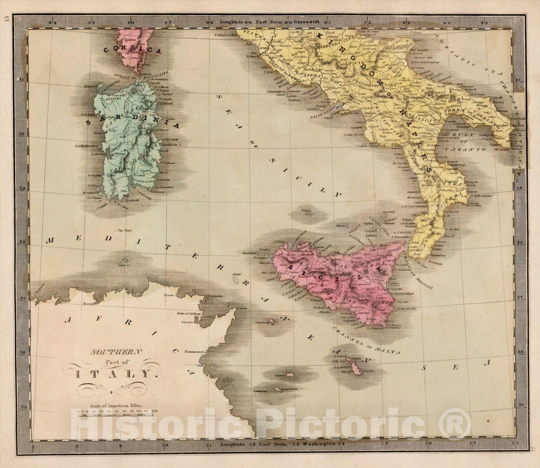 Historic Map : Southern Part of Italy (with Sicily, Sardinia, Malta and Part of Corsica), 1842, Jeremiah Greenleaf, Vintage Wall Art