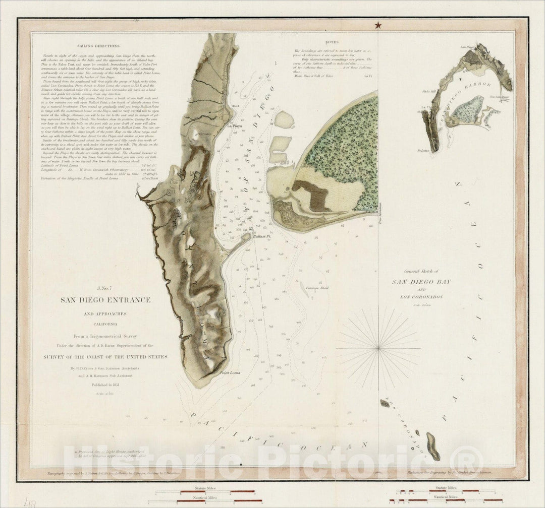 Historic Map : San Diego Entrance and Approaches, 1851, 1851, U.S. Coast Survey, v1, Vintage Wall Art