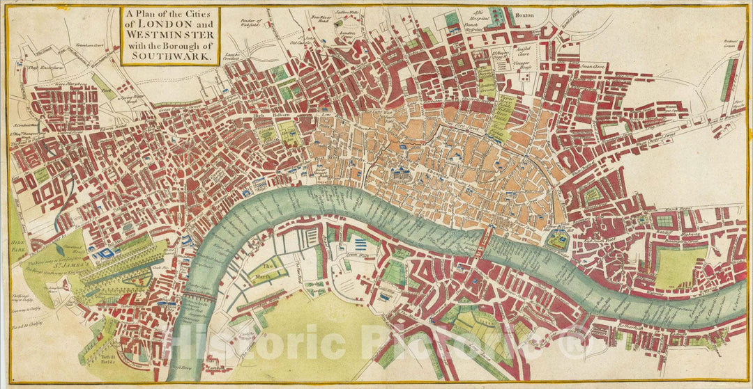 Historic Map : A Plan of the Cities of London and Westminster with the Borough of Southwark., 1740, Anonymous, Vintage Wall Art