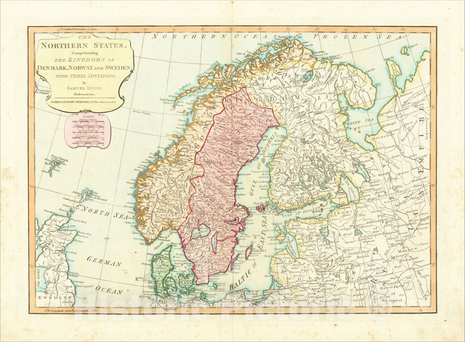 Historic Map : The Northern States, Comprehending The Kingdoms of Denmark, Norway and Sweden; With Their Divisions ? 1774, 1794, Samuel Dunn, Vintage Wall Art