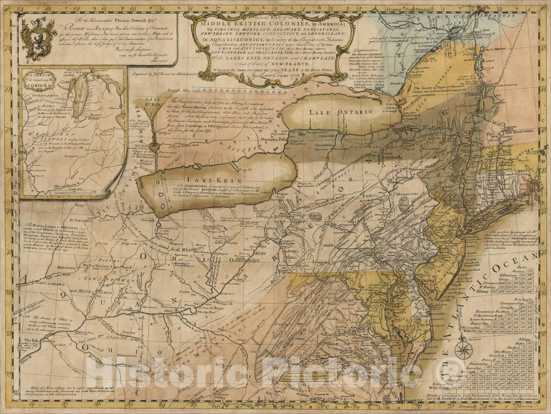 Historic Map : British Colonies in America; Virginia, M?yland, D?aware, Pensilvania, New-Jersey, New-York, Connecticut, and Rhode Island, 1755, Lewis Evans, Vintage Wall Art