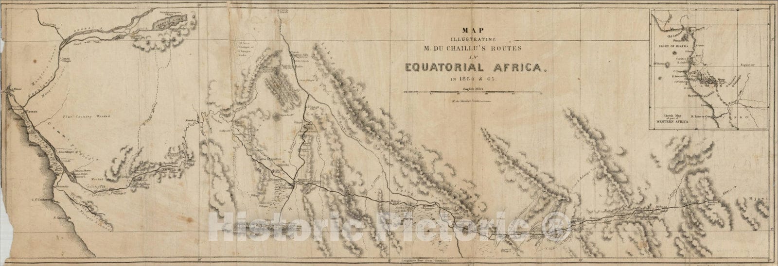 Historic Map : Map Illustrating M. Du Chaillu's Routes in Equatorial Africa. In 1864 & 1865, 1866, , Vintage Wall Art