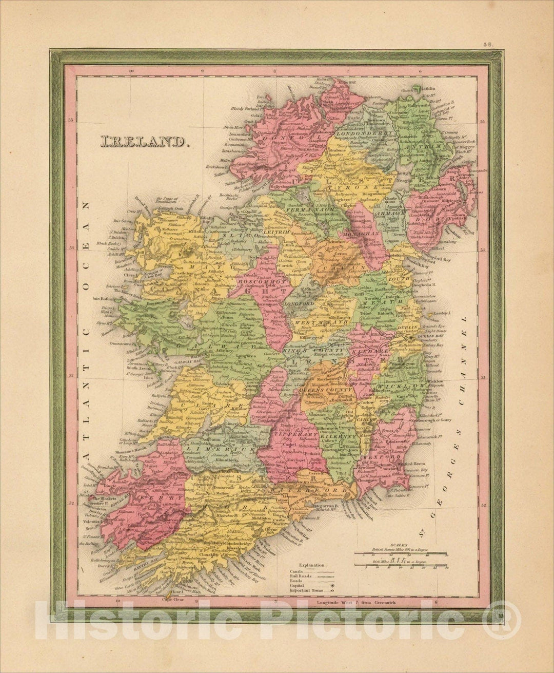 Historic Map : Ireland, 1845, Henry Schenk Tanner, Vintage Wall Art