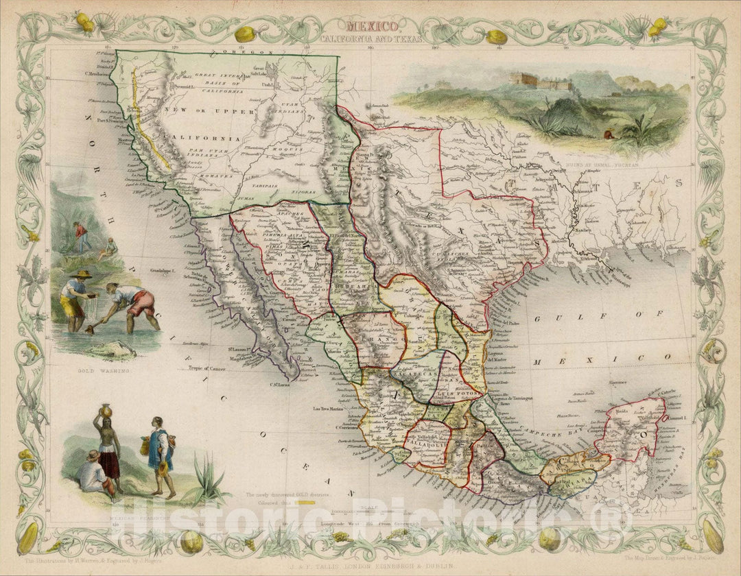 Historic Map : Mexico, California and Texas, 1851, John Tallis, v2, Vintage Wall Art