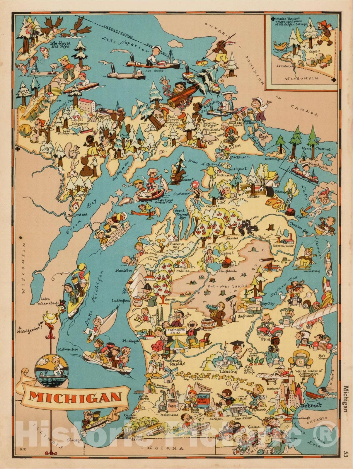 Historic Map : Michigan, 1935, Ruth Taylor White, v1, Vintage Wall Art