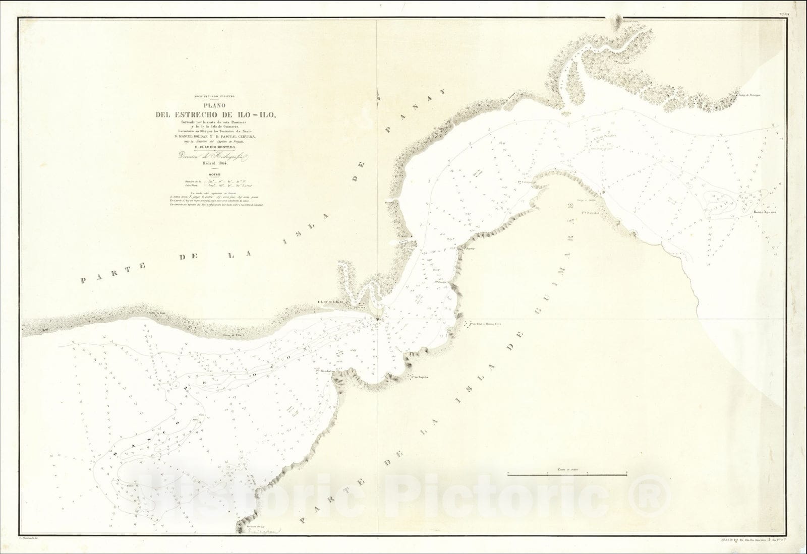 Historic Map : Archipelago Filipino -- Plano Del Estrecho De Ilo-Ilo, 1864, Direccion Hidrografica de Madrid, Vintage Wall Art