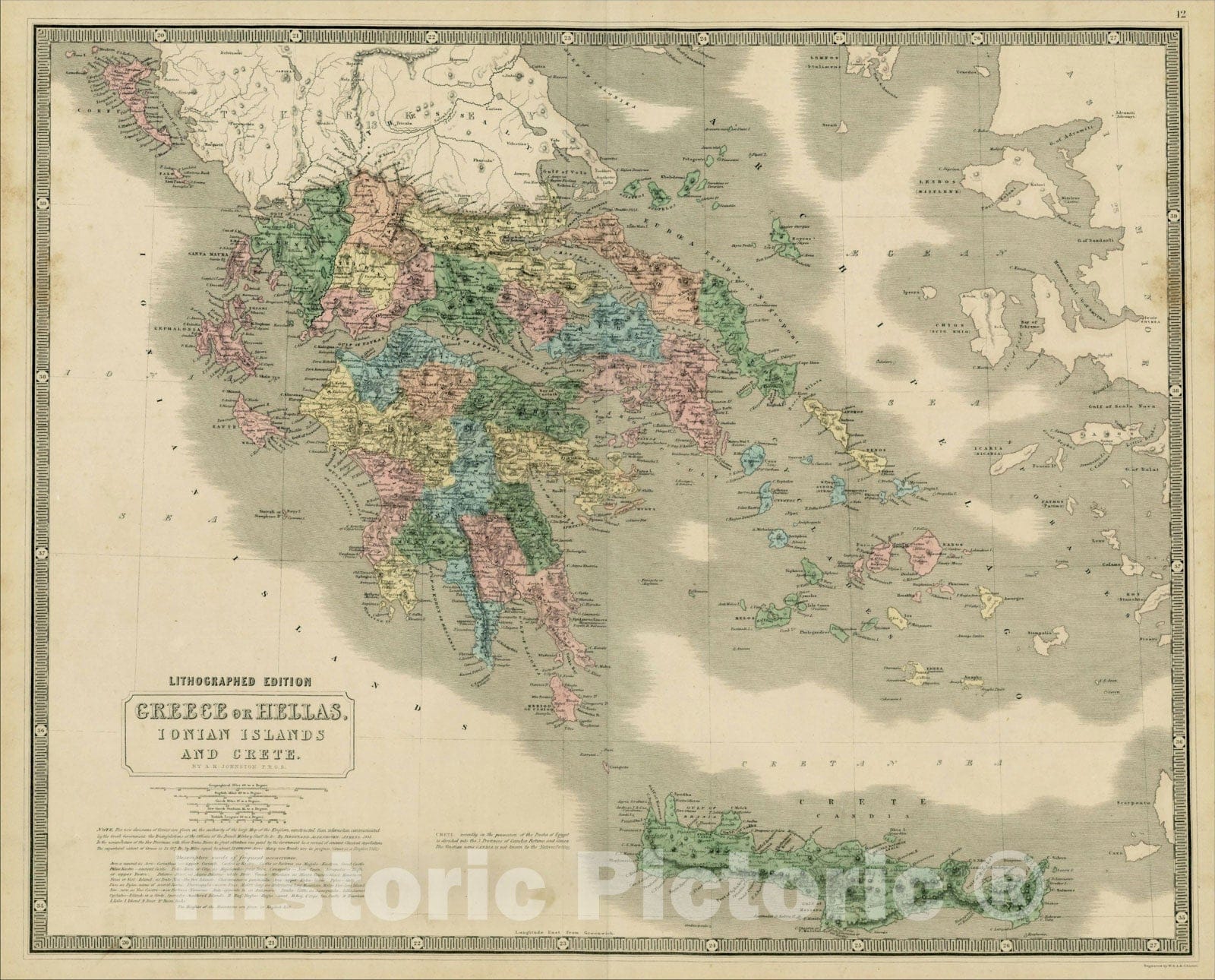 Historic Map : Greece or Hellas, Ionian Islands and Crete, 1849, W. & A.K. Johnston, Vintage Wall Art