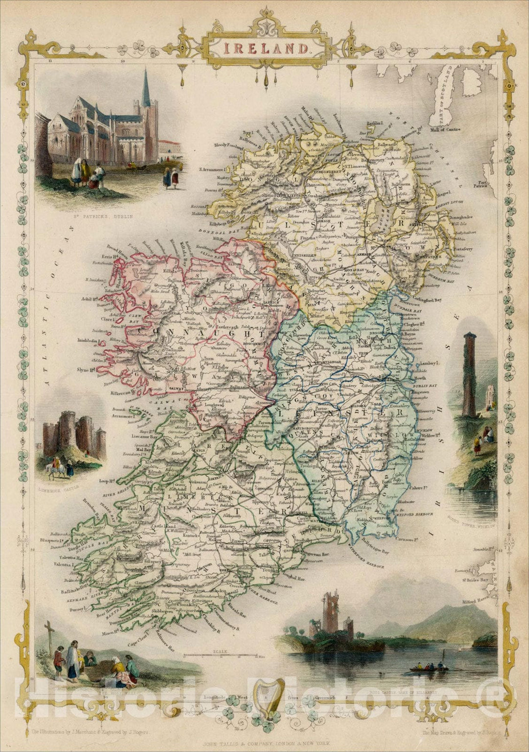 Historic Map : Ireland, 1851, John Tallis, v2, Vintage Wall Art