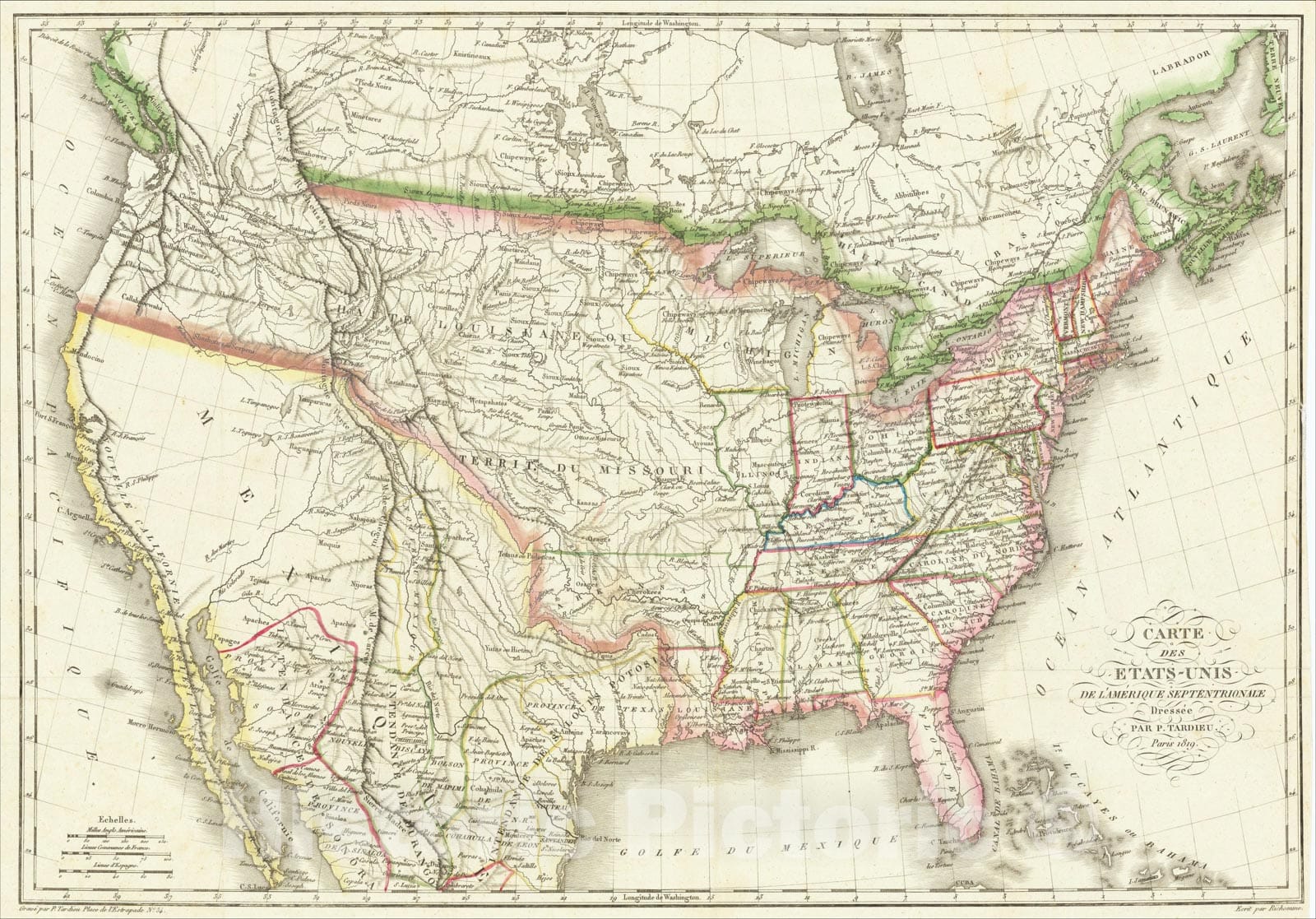 Historic Map : Carte des Etats-Unis de L'Amerique Septentrionale Dressee Par. P. Tardieu. Paris 1819, 1819, Pierre Alexandre Tardieu, v2, Vintage Wall Art