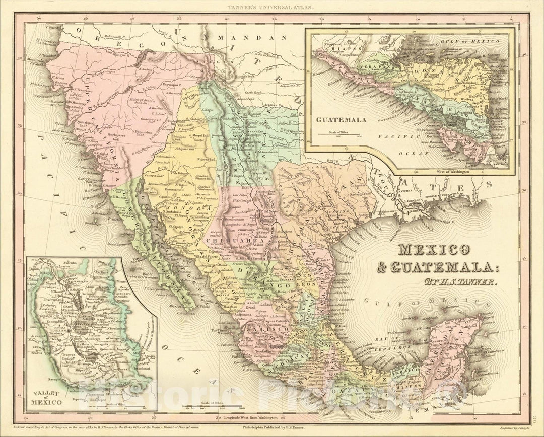 Historic Map : Mexico and Guatemala [Showing pre-Republic of Texas (Coahuila and Texas)], 1836, Henry Schenk Tanner, v1, Vintage Wall Art