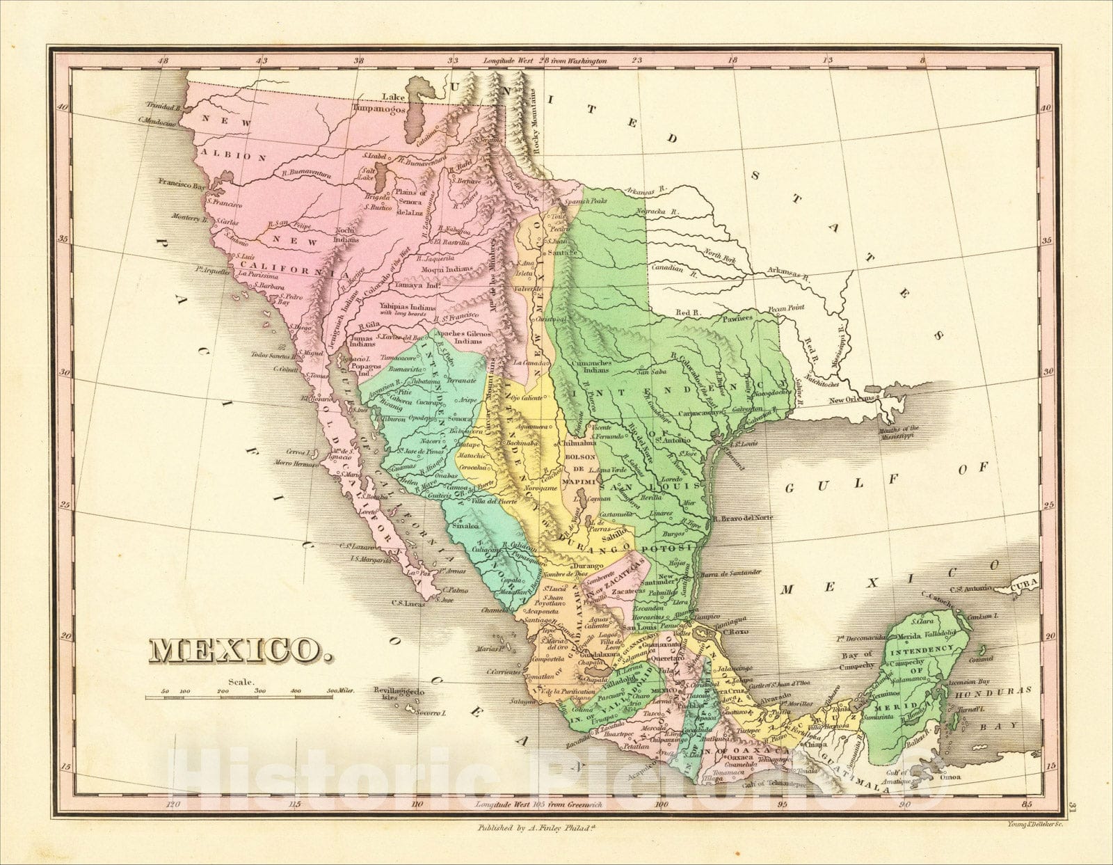 Historic Map : Mexico [including Texas and Upper California], 1824, Anthony Finley, Vintage Wall Art