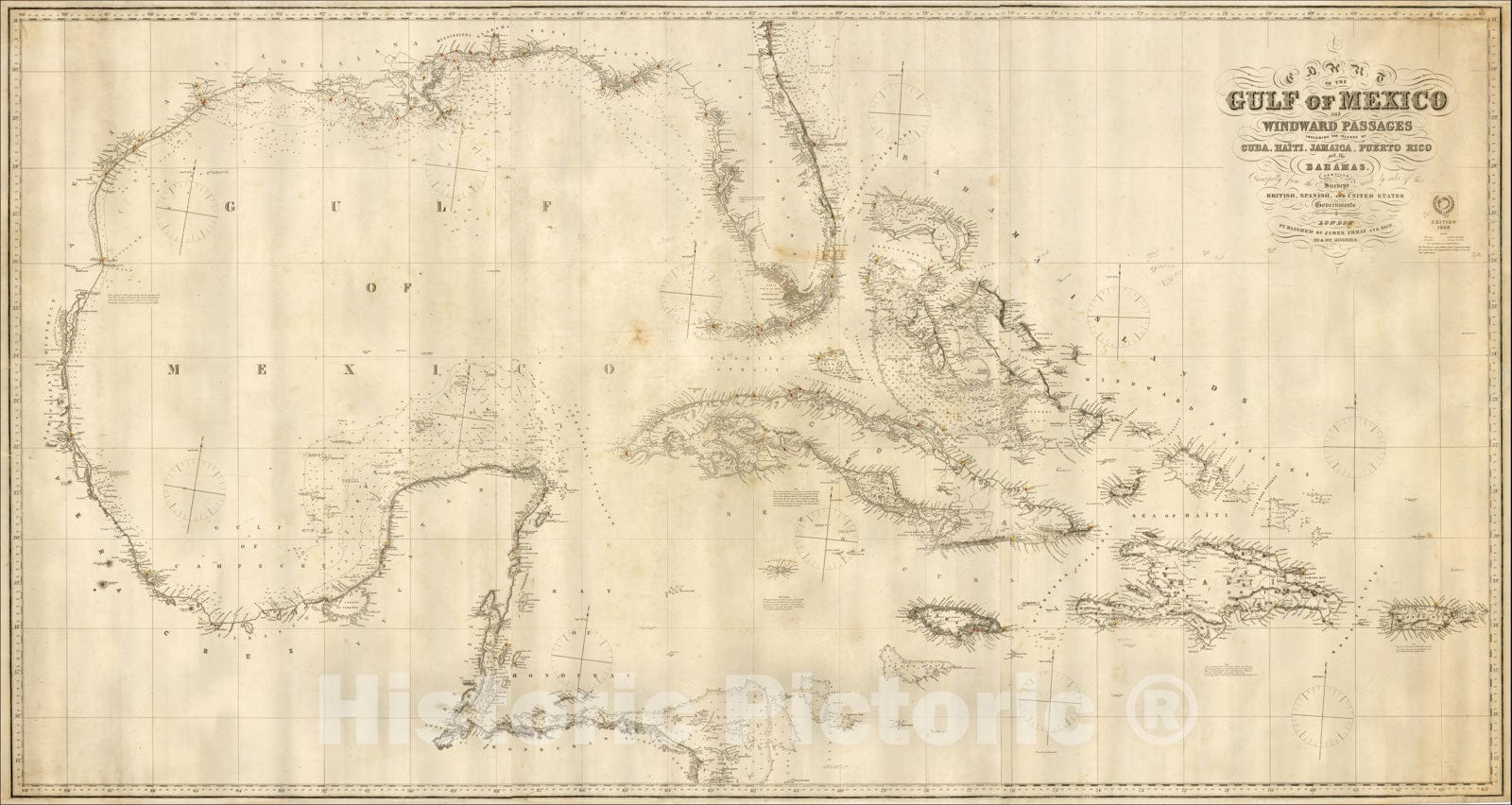 Historic Map : Chart of the Gulf of Mexico and Windward Passages Including The Islands of Cuba, Haiti, Jamaica, Puerto Rico and the Bahamas, 1868, James Imray, Vintage Wall Art