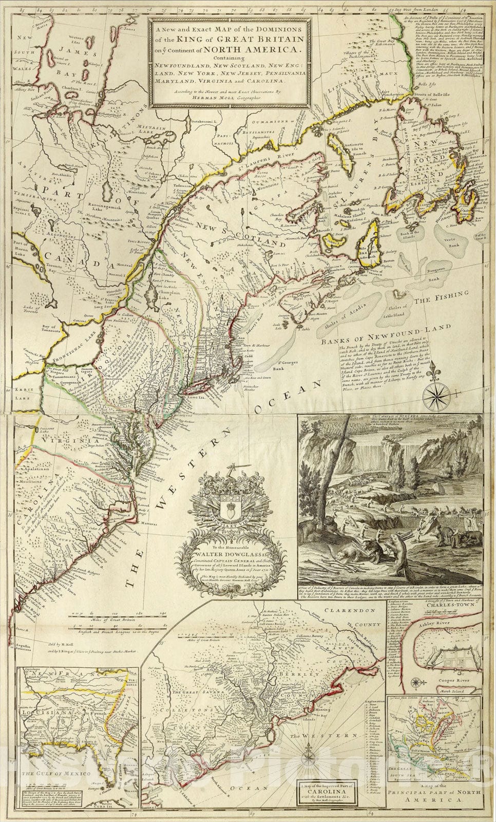 Historic Map : A New and Exact Map of the Dominions of the King of Great Britain on ye Continent of North America, 1721, Herman Moll, Vintage Wall Art