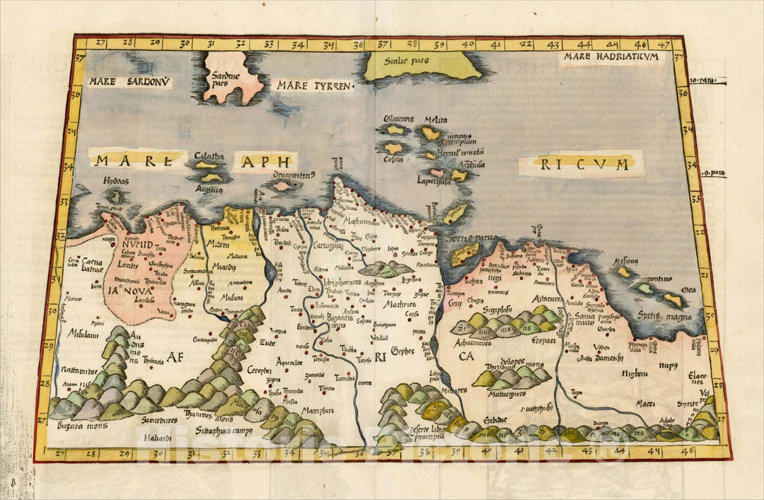 Historic Map : [Africa] Tabula II Aphricae. (title on verso) (shows Malta and part of Sicily and Sardinia), 1535, Lorenz Fries, Vintage Wall Art