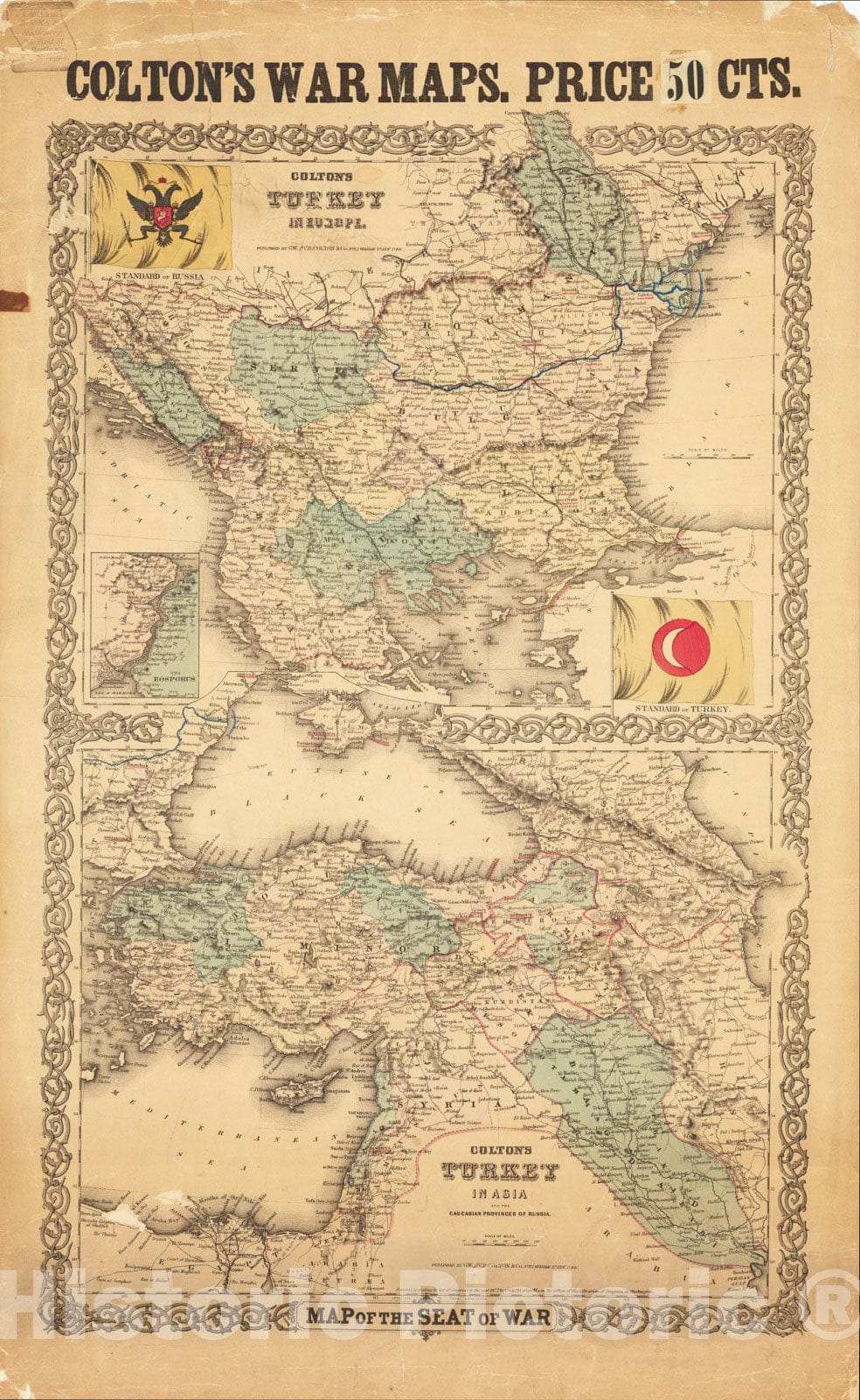 Historic Map : Map of the Seat of War -- Colton's Turkey In Europe (and) Colton's Turkey in Asia and the Caucasian Provinces of Russia, 1877, Vintage Wall Art