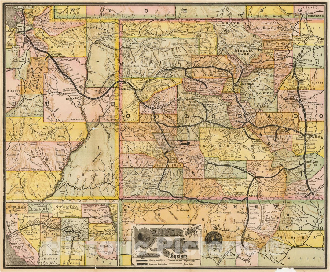 Historic Map : Denver and Rio Grande Railroad System., c1883, American Bank Note Company, Vintage Wall Art