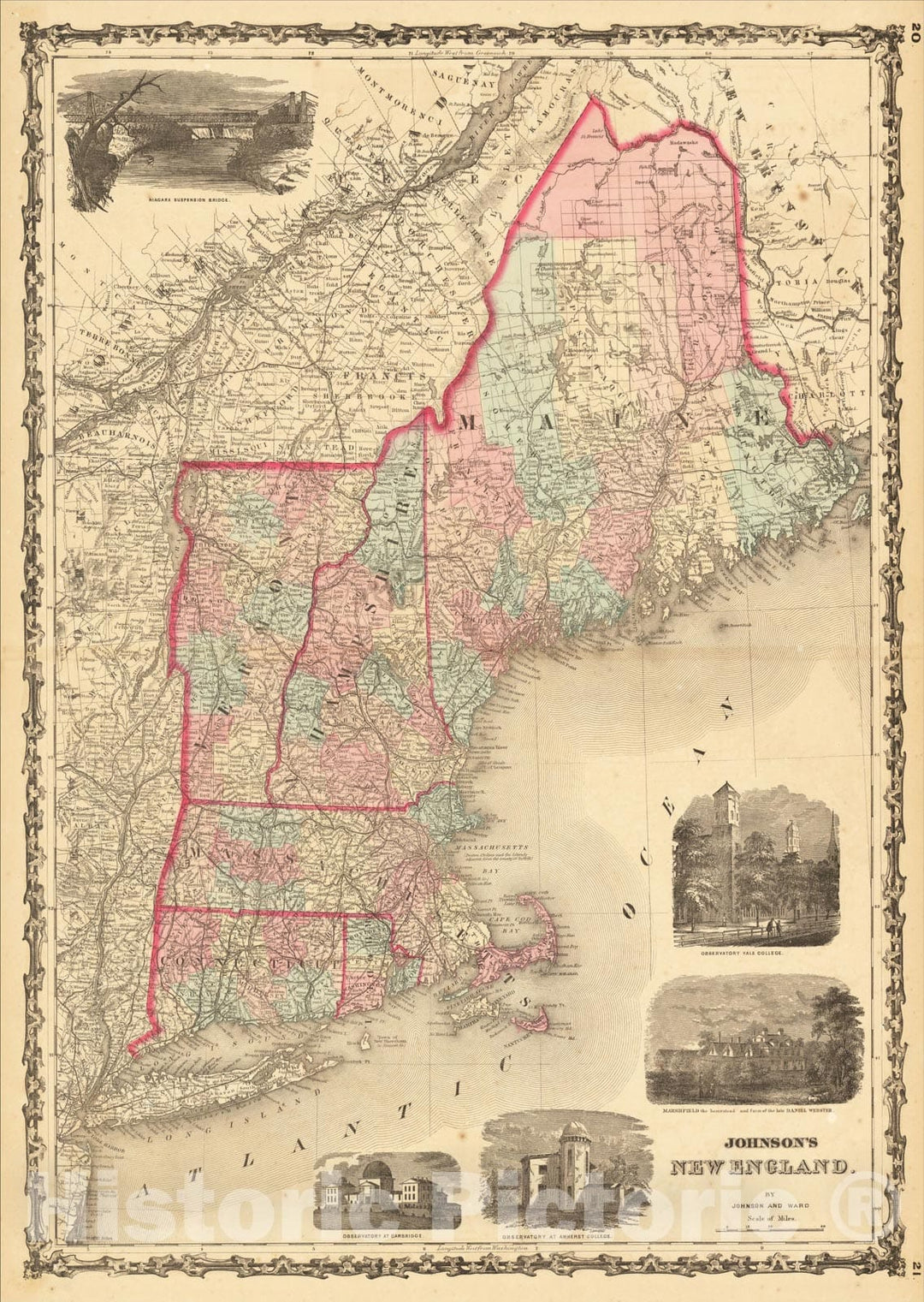 Historic Map : Johnson's New England, 1862, Benjamin P Ward, Vintage Wall Art