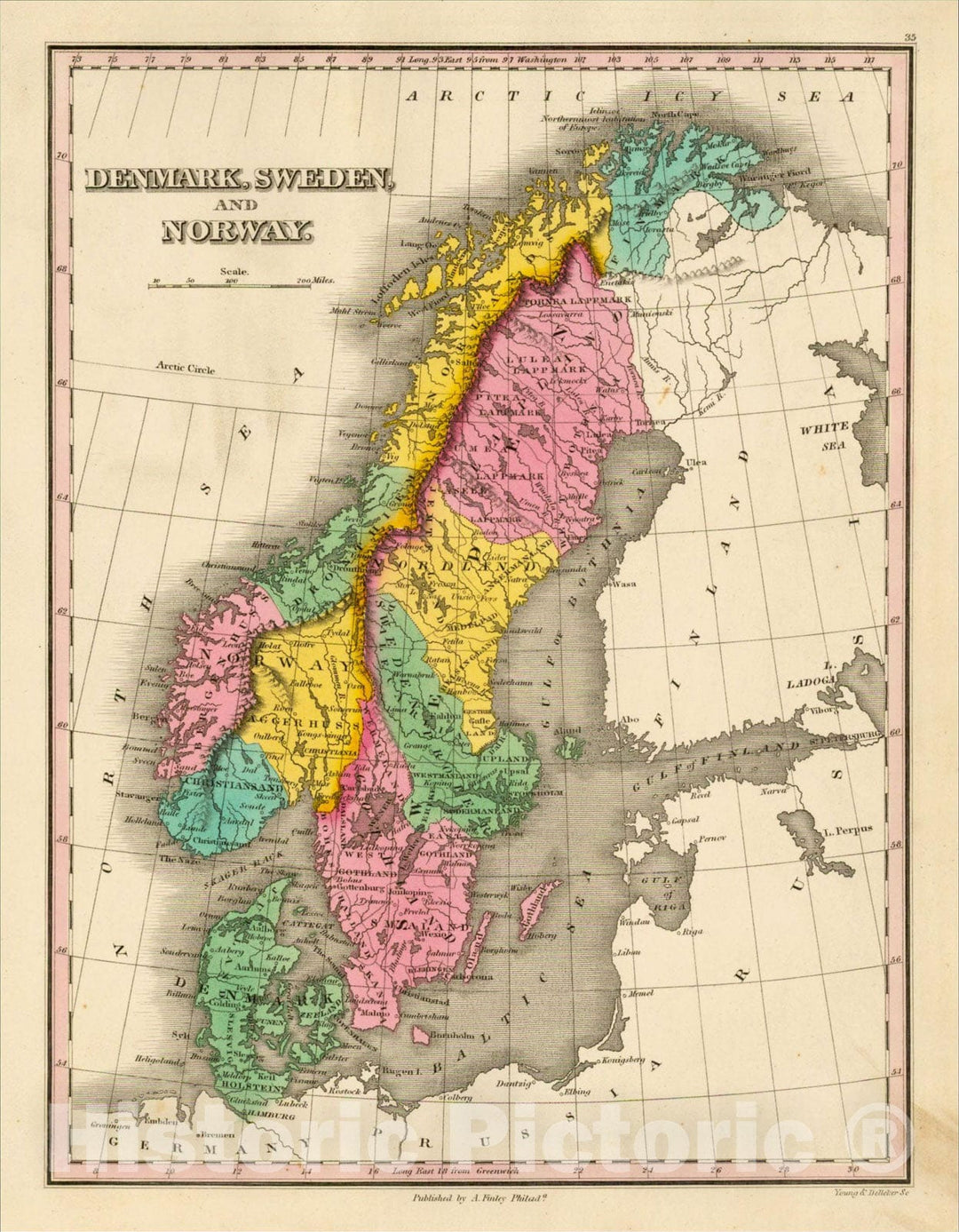 Historic Map : Denmark, Sweden and Norway, 1826, Anthony Finley, Vintage Wall Art