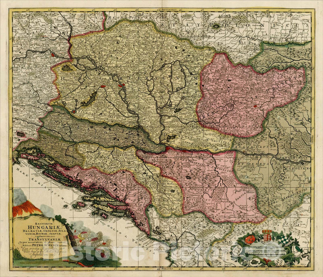 Historic Map : Regnorum Hungariae, Dalmatiae, Croatiae, Serviae et Principatus Transylvaniae Typus accuratior et plane novus . . 175, 1705, Peter Schenk, Vintage Wall Art