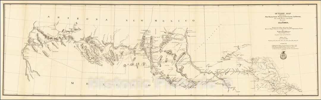 Historic Map : Outline Map showing a New Route From Texas to Fort Yuma, California, for Cattle Droves and Trains En Route to California, 1870, L.C. Overman, Vintage Wall Art