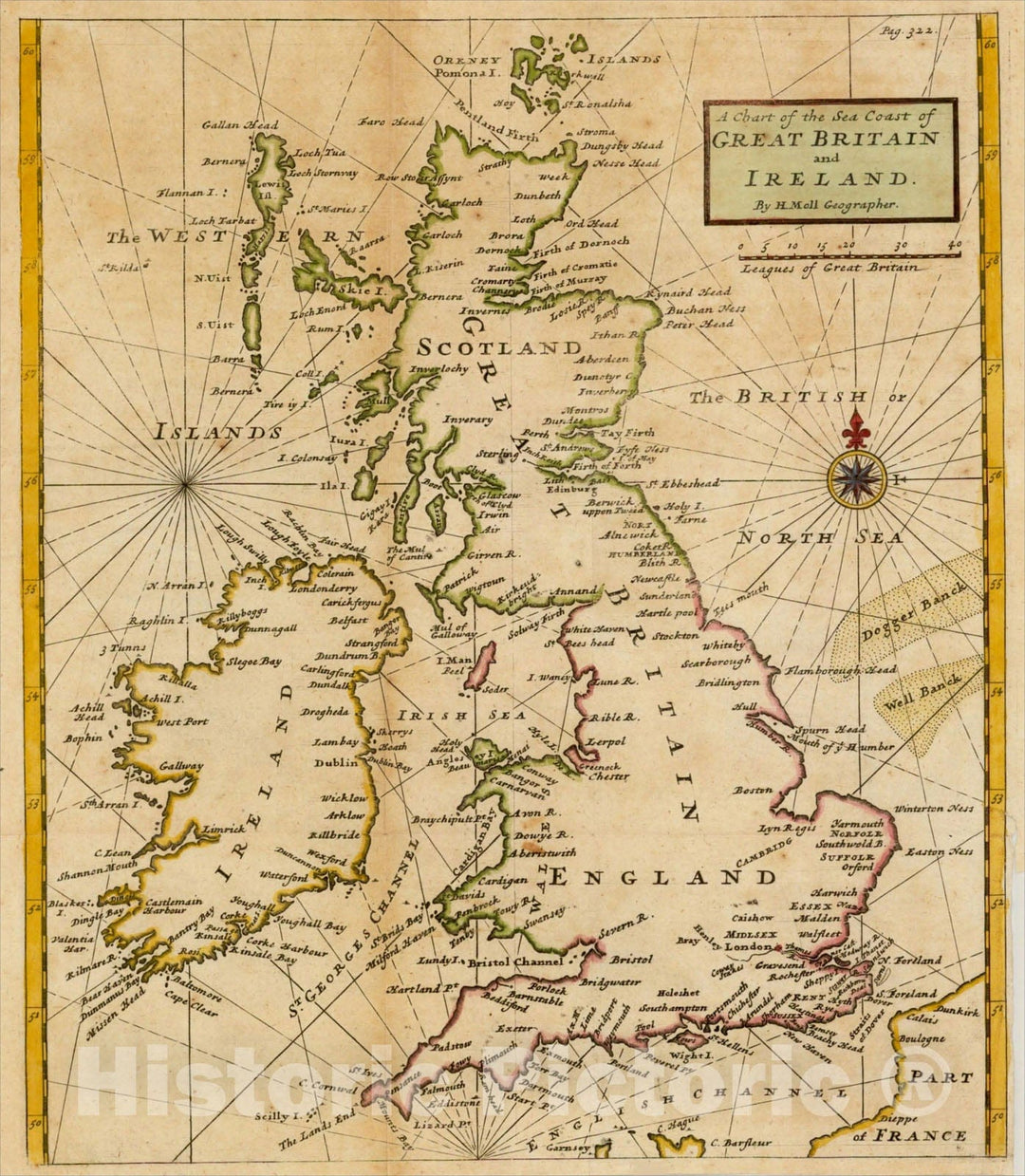 Historic Map : A Chart of the Sea Coast of Great Britain and Ireland, 1745, Herman Moll, Vintage Wall Art