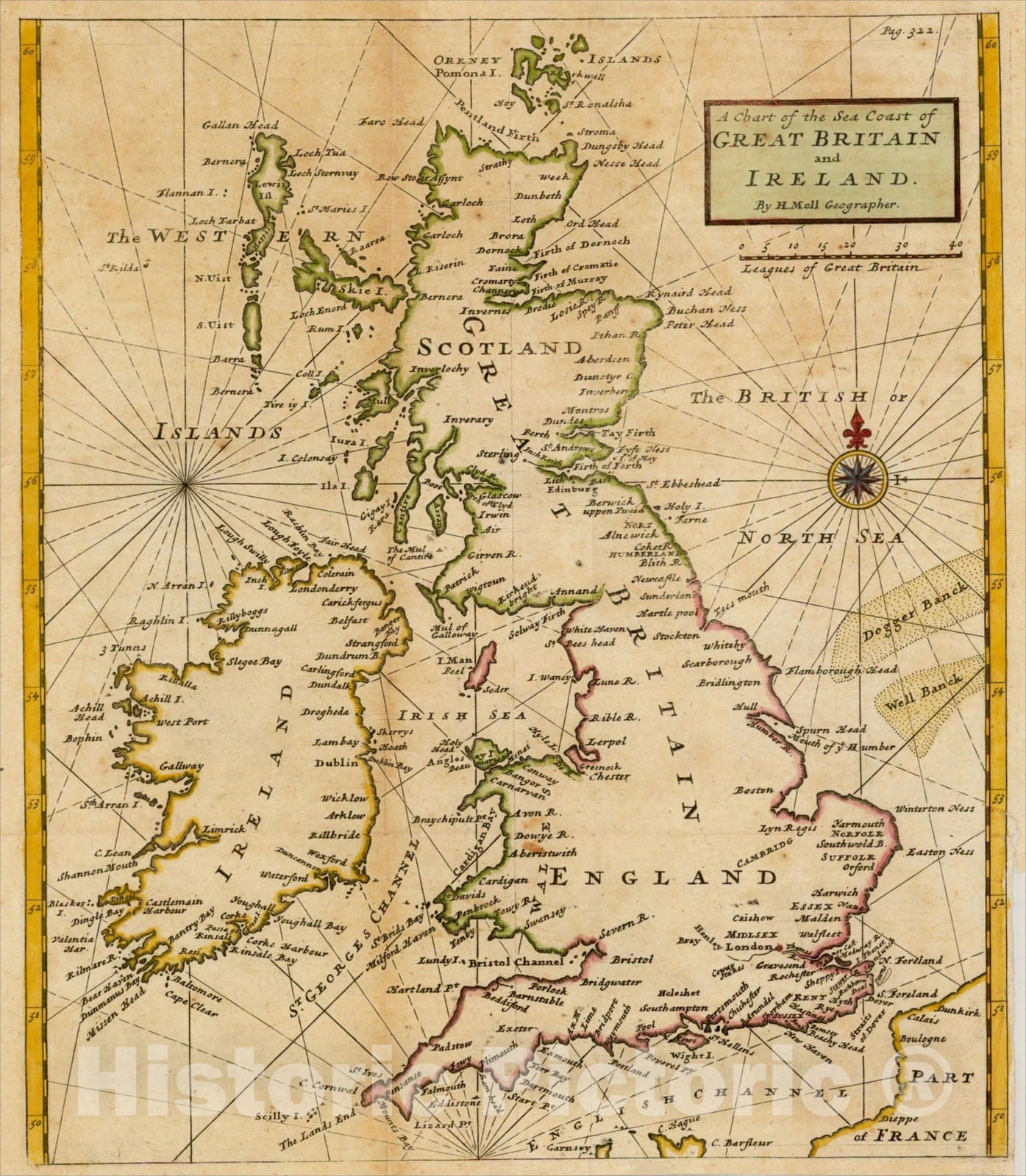 Historic Map : A Chart of the Sea Coast of Great Britain and Ireland, 1745, Herman Moll, Vintage Wall Art