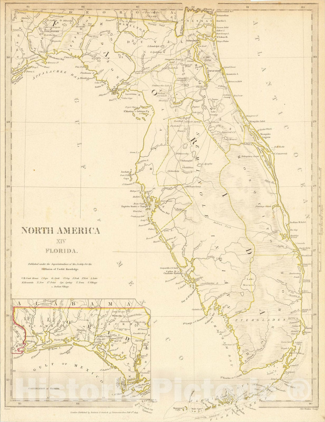 Historic Map : North America XIV Florida., 1834, SDUK, v3, Vintage Wall Art