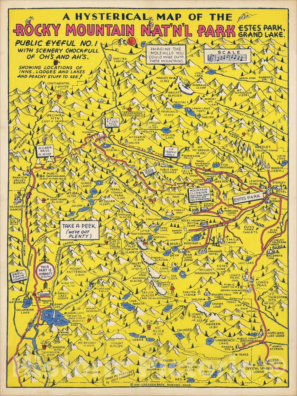 Historic Map : A Hysterical Map Of Rocky Mountain Nat'n'l Park Estes Park, Grand Lake., 1940, Lindgren Brothers, Vintage Wall Art