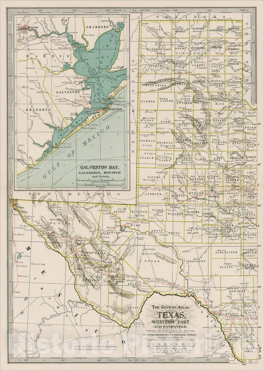 Historic Map : Texas, Western Part, 1897, The Century Company, v2, Vintage Wall Art