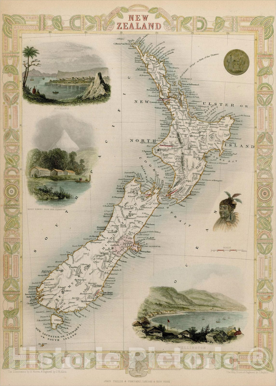 Historic Map : New Zealand, 1851, John Tallis, v2, Vintage Wall Art