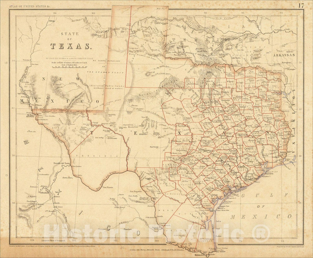 Historic Map : State of Texas, 1857, Henry Darwin Rogers, Vintage Wall Art