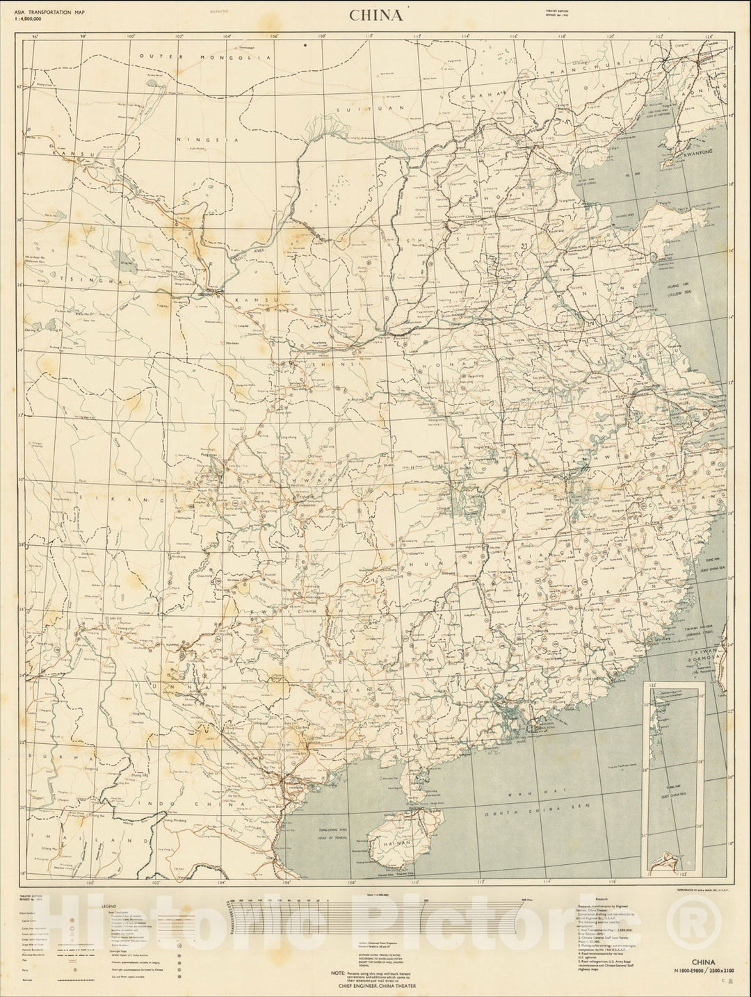 Historic Map : (Second World War - China). Asia Transportation Map - Restricted - China, 1945, 653rd Engineer Topographic Battalion, U.S.A.F., Vintage Wall Art