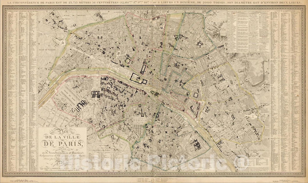 Historic Map : Plan de la Ville de Paris, Divise en 12 Arrondissemens, en 48 Quartiers, Indiquant tous le Changemens faits, 1829, Xavier Girard, Vintage Wall Art