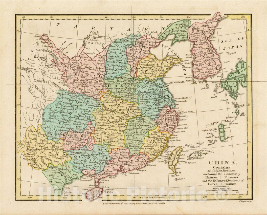 Historic Map : China, Contains 15 Subject Provinces, including the 2 Islands of Hainan Formosa and the Tributary Kingdoms of Corea Tonkin, 1809, v1, Vintage Wall Art