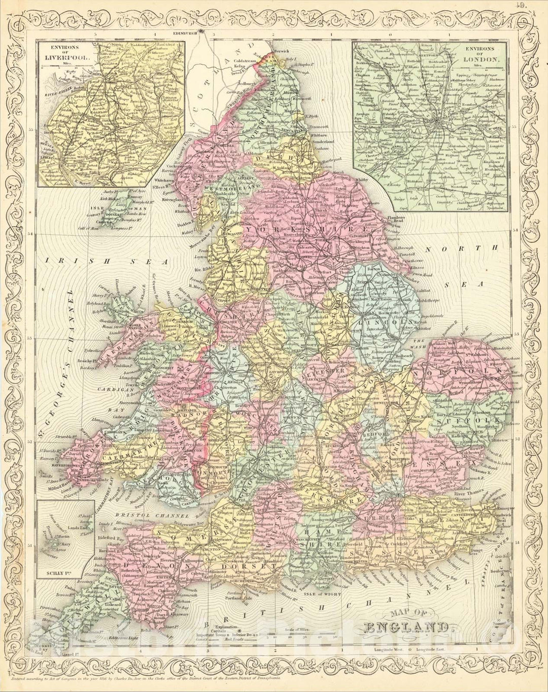 Historic Map : Map of England, 1857, Charles Desilver, Vintage Wall Art