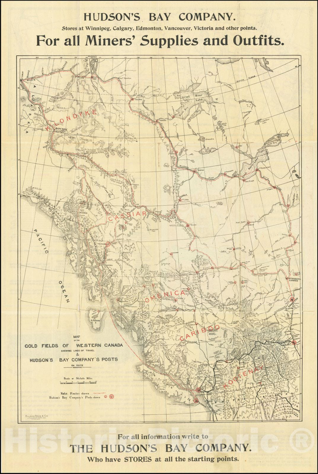 Historic Map : Map of the Gold Fields of Western Canada Shewing Lines of Travel & Hudson's Bay Company's Posts en route, c1897, Hudson's Bay Company, Vintage Wall Art