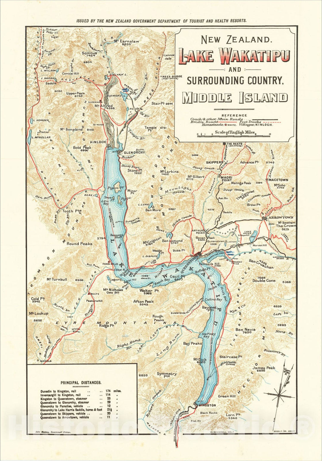 Historic Map : New Zealand. Lake Wakatipu and Surrounding Country. Middle Island, c1909, John Maokay, Vintage Wall Art