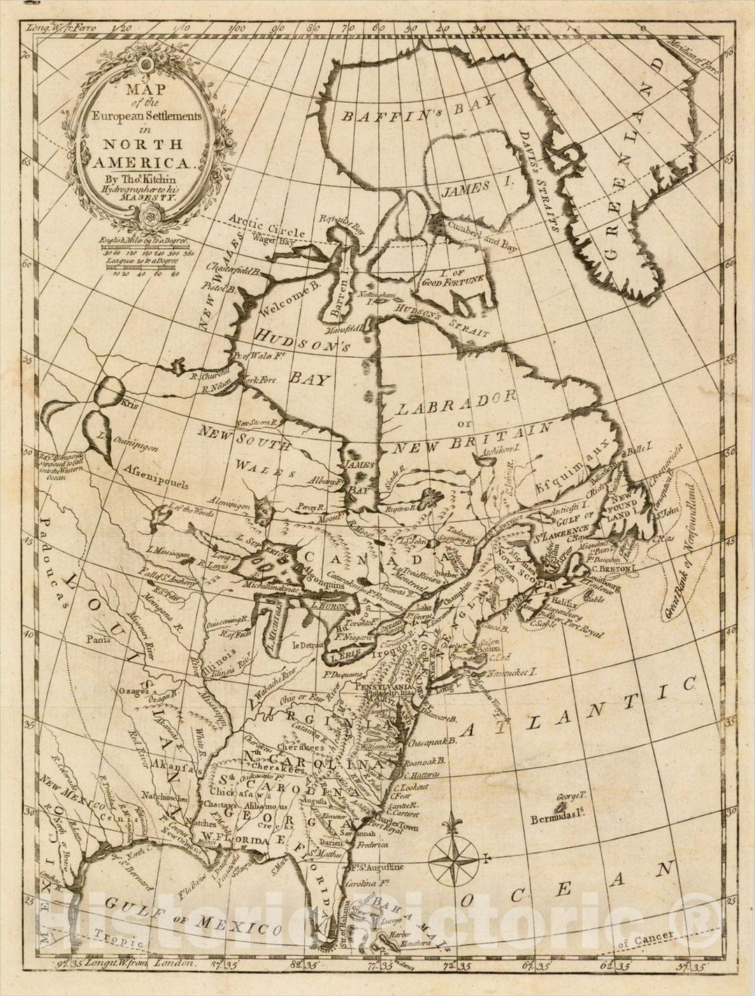 Historic Map : Map of the European Settlements in North America. By Thos. Kitchin Hydrographer to his Majesty., 1776, Thomas Kitchin, Vintage Wall Art