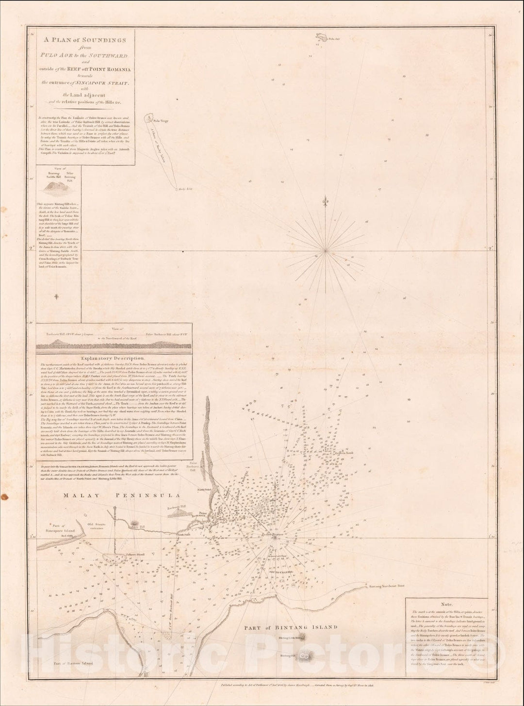 Historic Map : A Plan of the Soundings from Pulo Aor to the Southward and outside of the Reef off Point Romania, 1806, , Vintage Wall Art